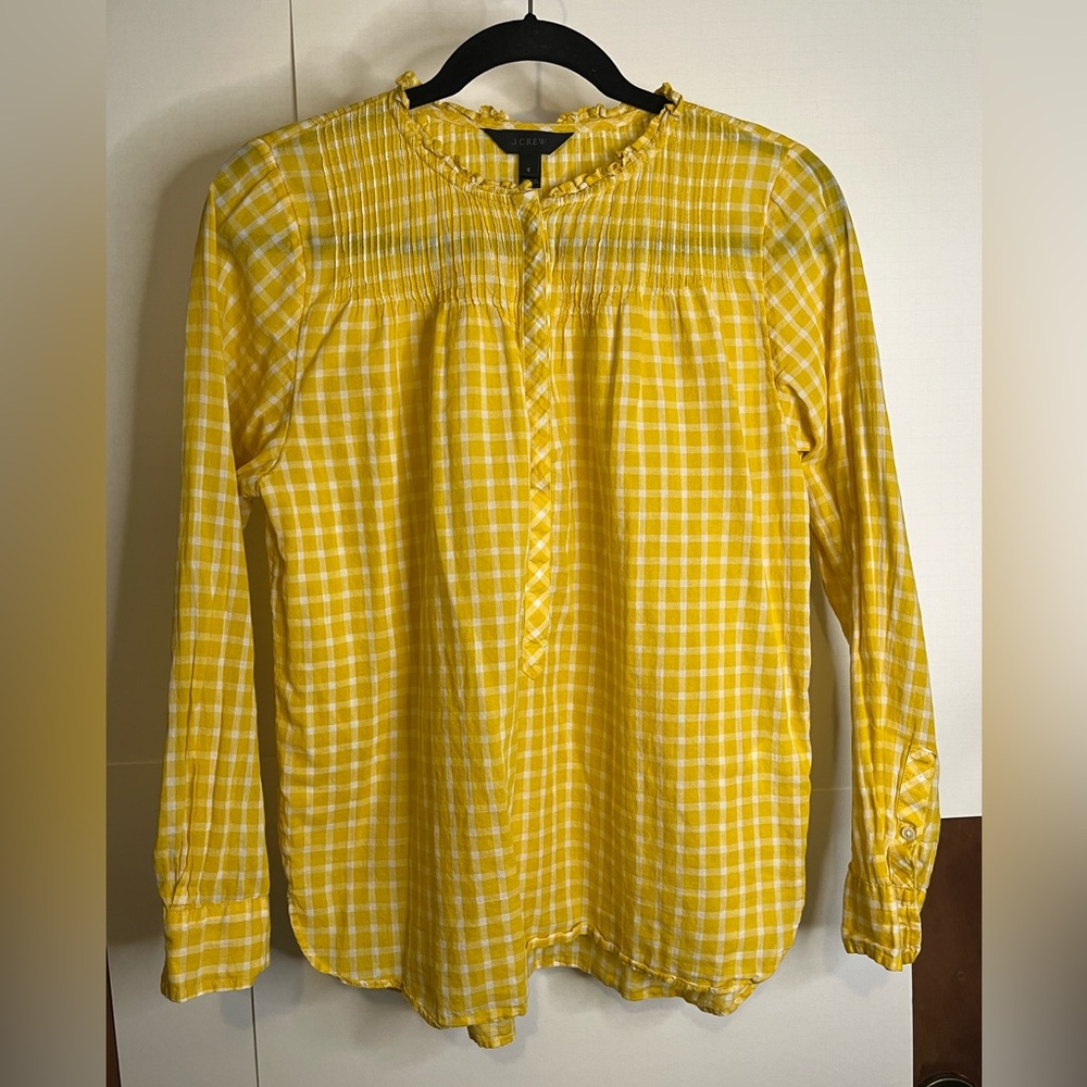J. Crew Women’s Size 6 Yellow Gingham Ruffled Neckline Pleated Bib Cotton Top